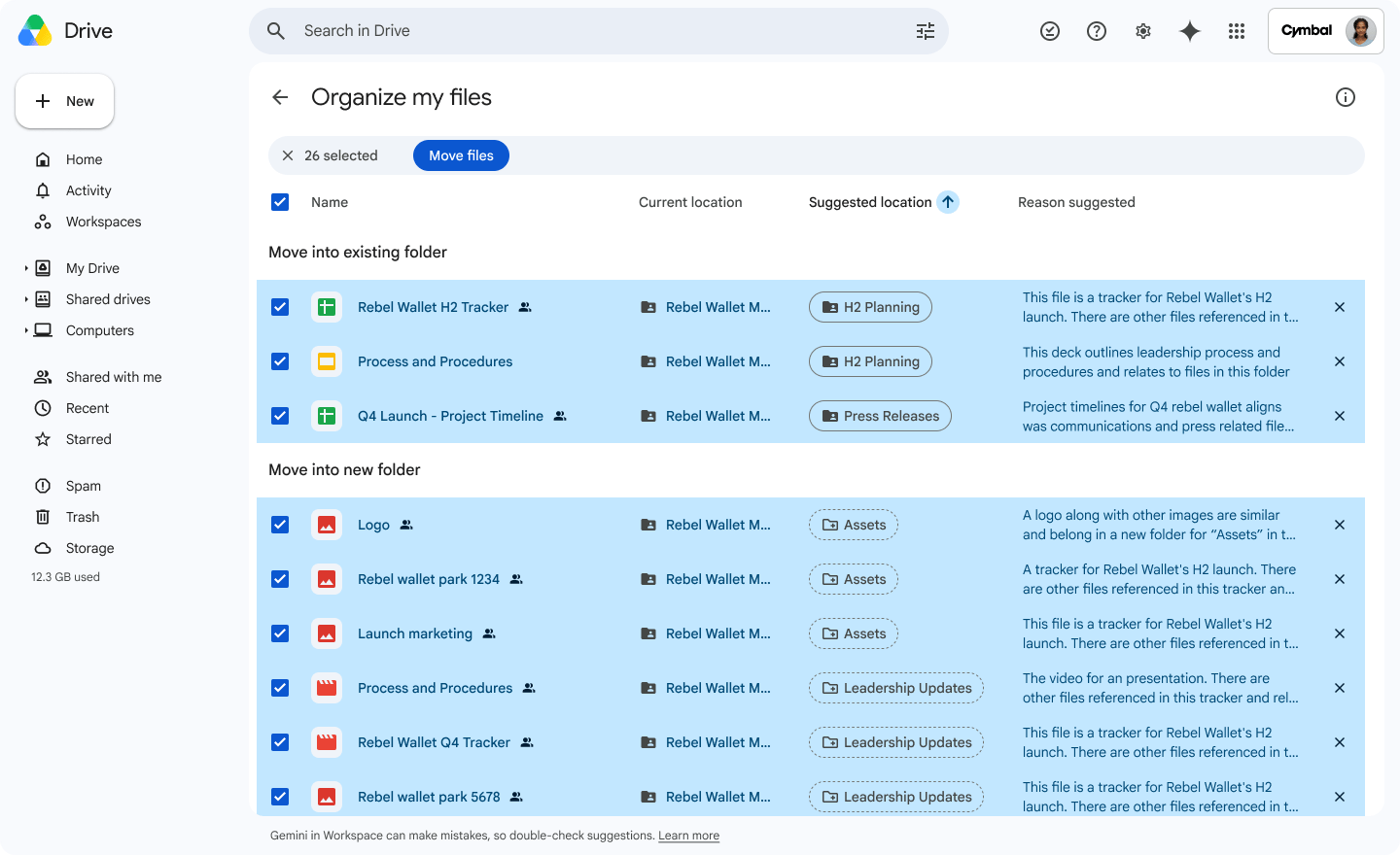 Google Drive suggesting existing and new folders for loose files, with checkboxes to review each move