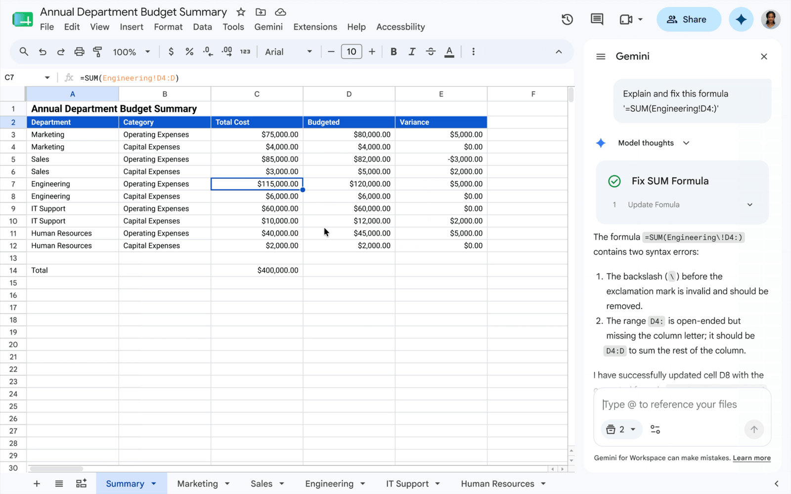 Gemini explaining syntax errors and fixing a SUM formula in a department budget spreadsheet