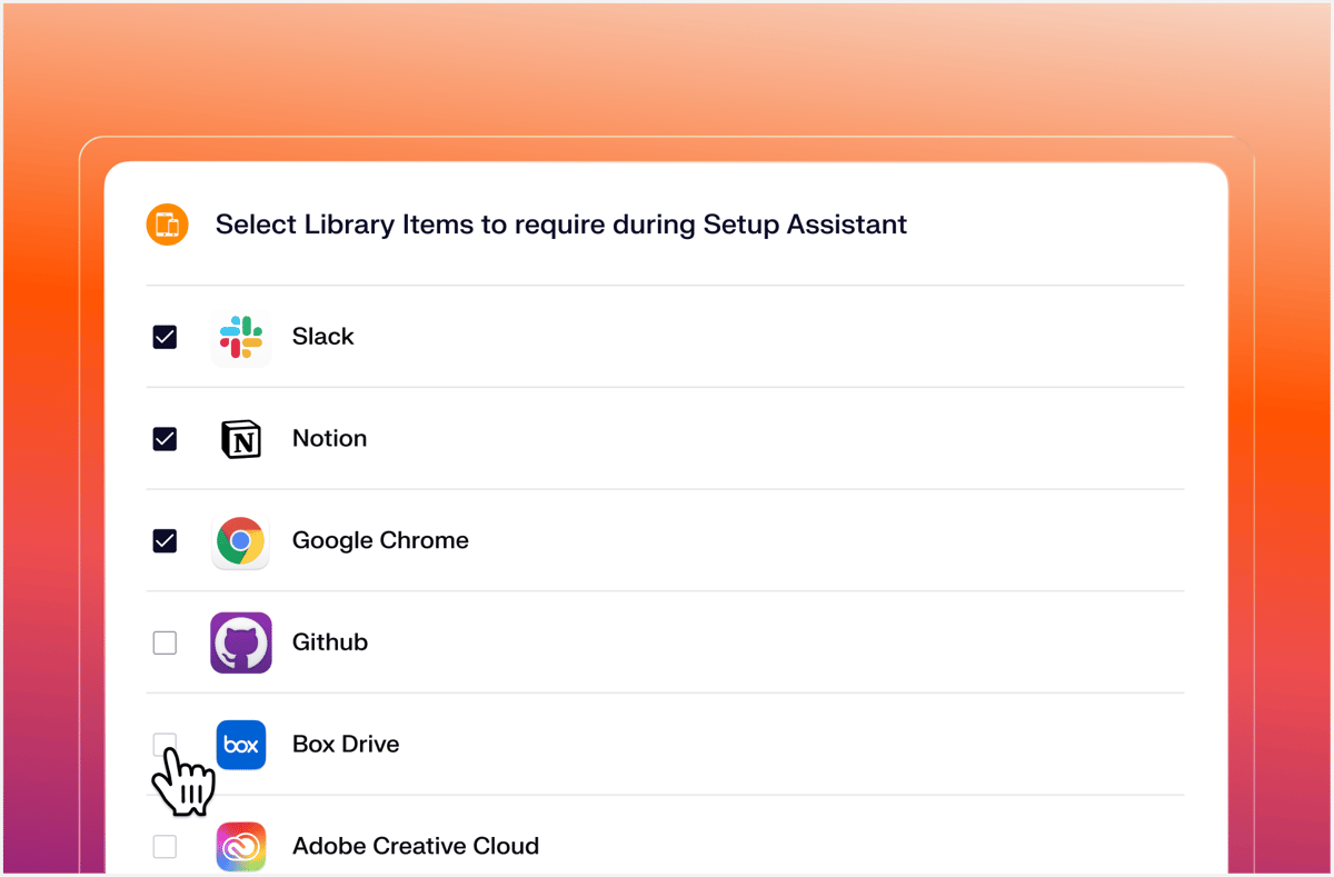 Iru configuration screen for selecting which library items must migrate during Setup Assistant