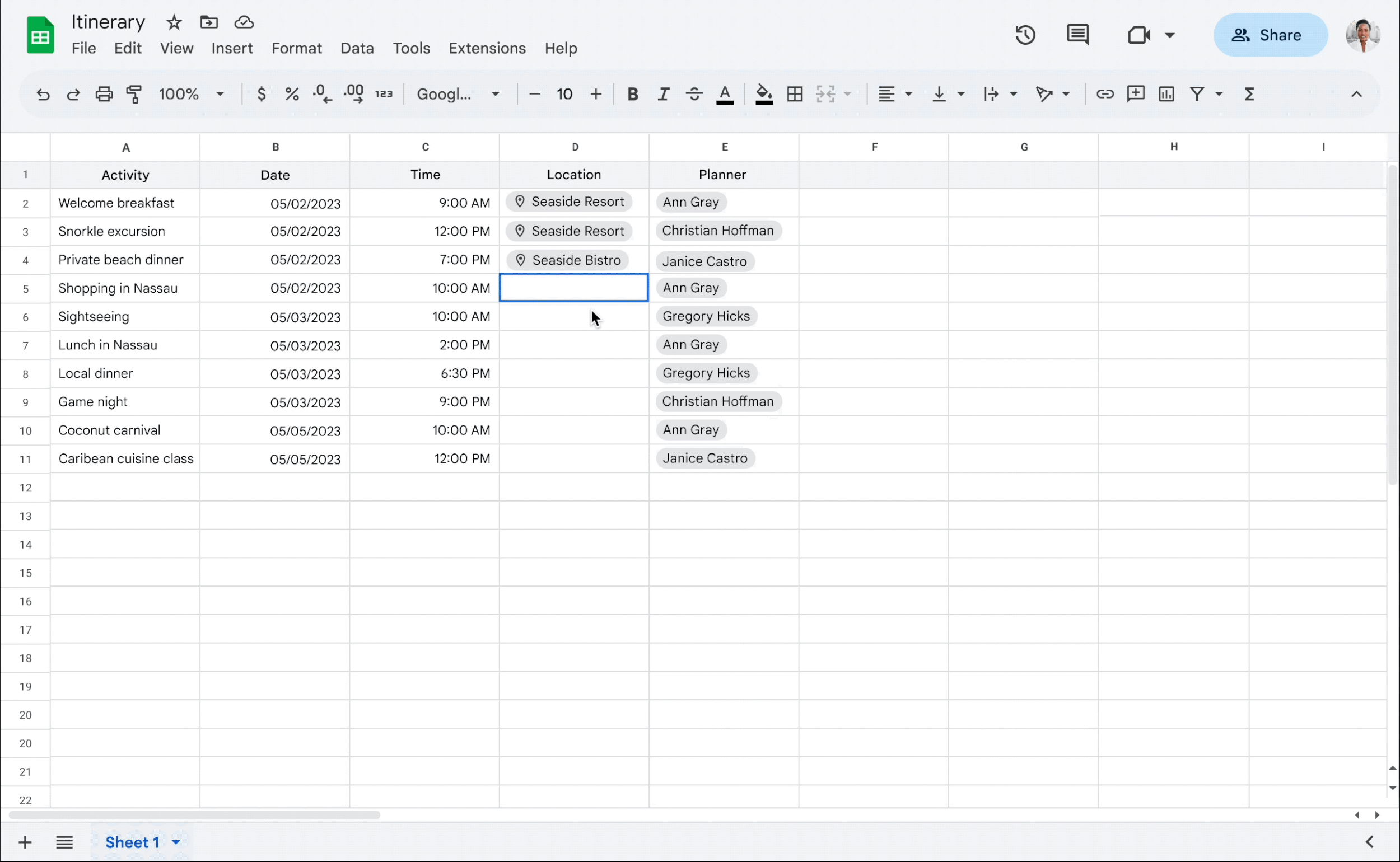 Google Smart Sheets Place Chips